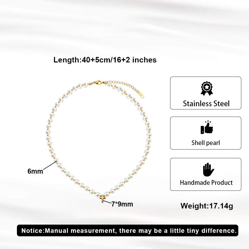Retro Gothic Minimalist Shell Pearl Cross Choker Necklace