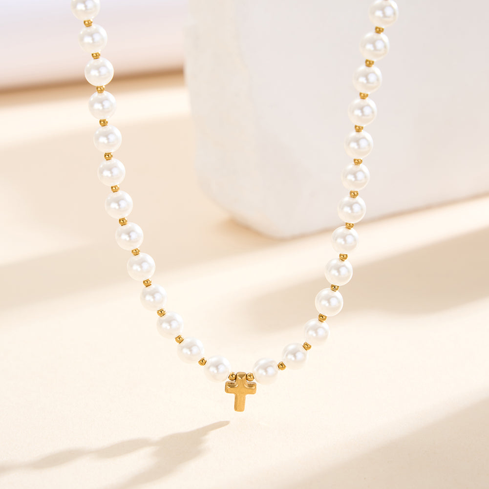 Retro Gothic Minimalist Shell Pearl Cross Choker Necklace