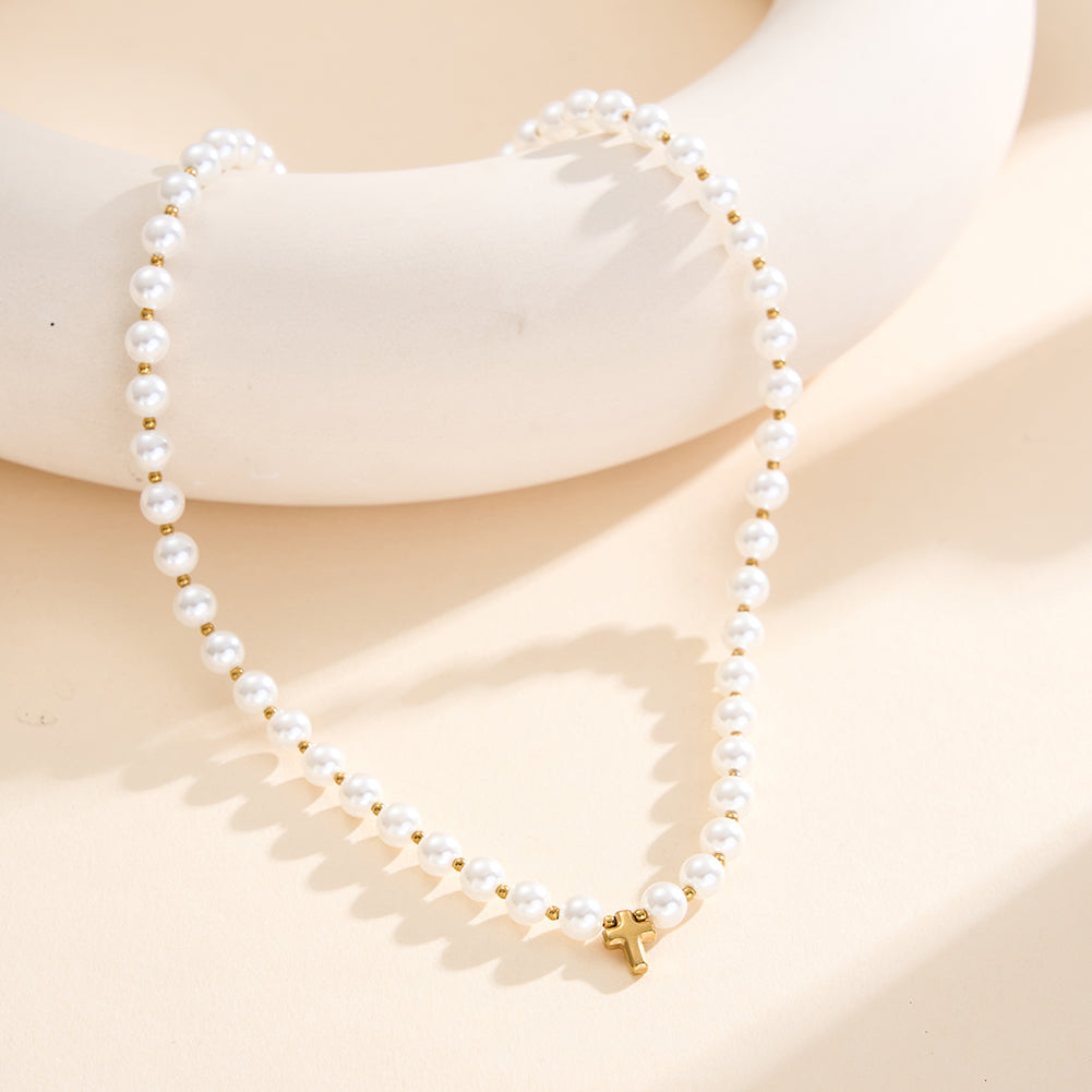 Retro Gothic Minimalist Shell Pearl Cross Choker Necklace