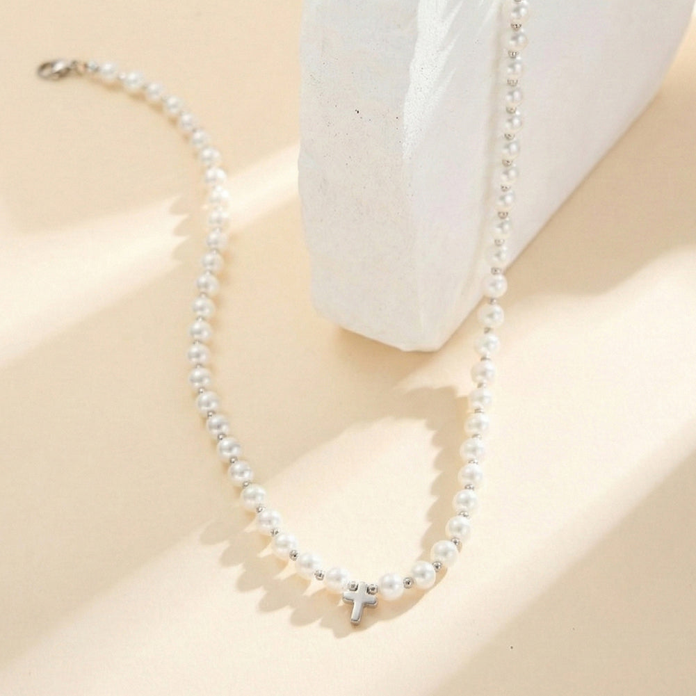 Retro Gothic Minimalist Shell Pearl Cross Choker Necklace