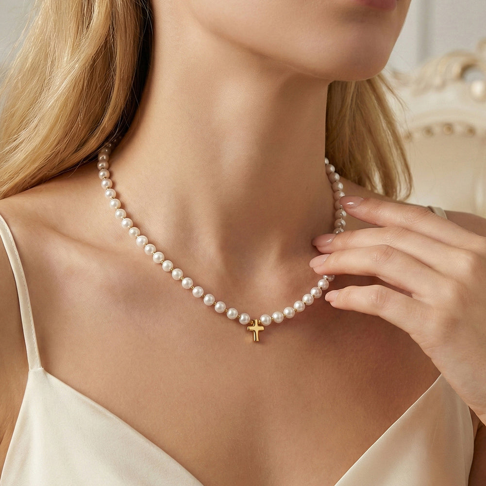 Retro Gothic Minimalist Shell Pearl Cross Choker Necklace