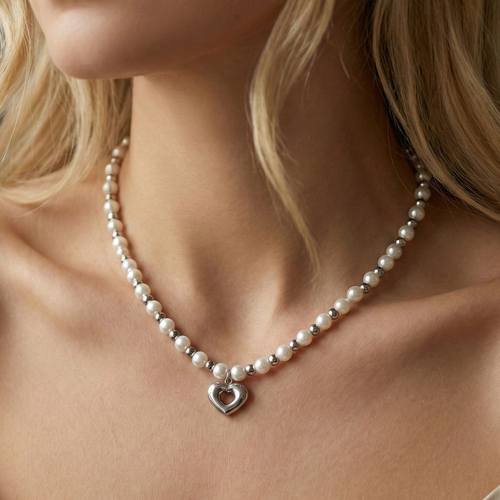 Coquette 3D Hollow Heart Shell Pearl Choker Necklace