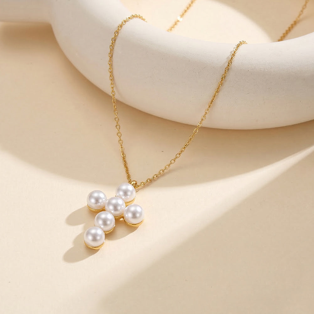 Velvet Oracle gold gothic cross pendant necklace hand crafted with 6 round natural white shell pearls in waterproof tarnish free 304 stainless steel by LeeWey Luxury