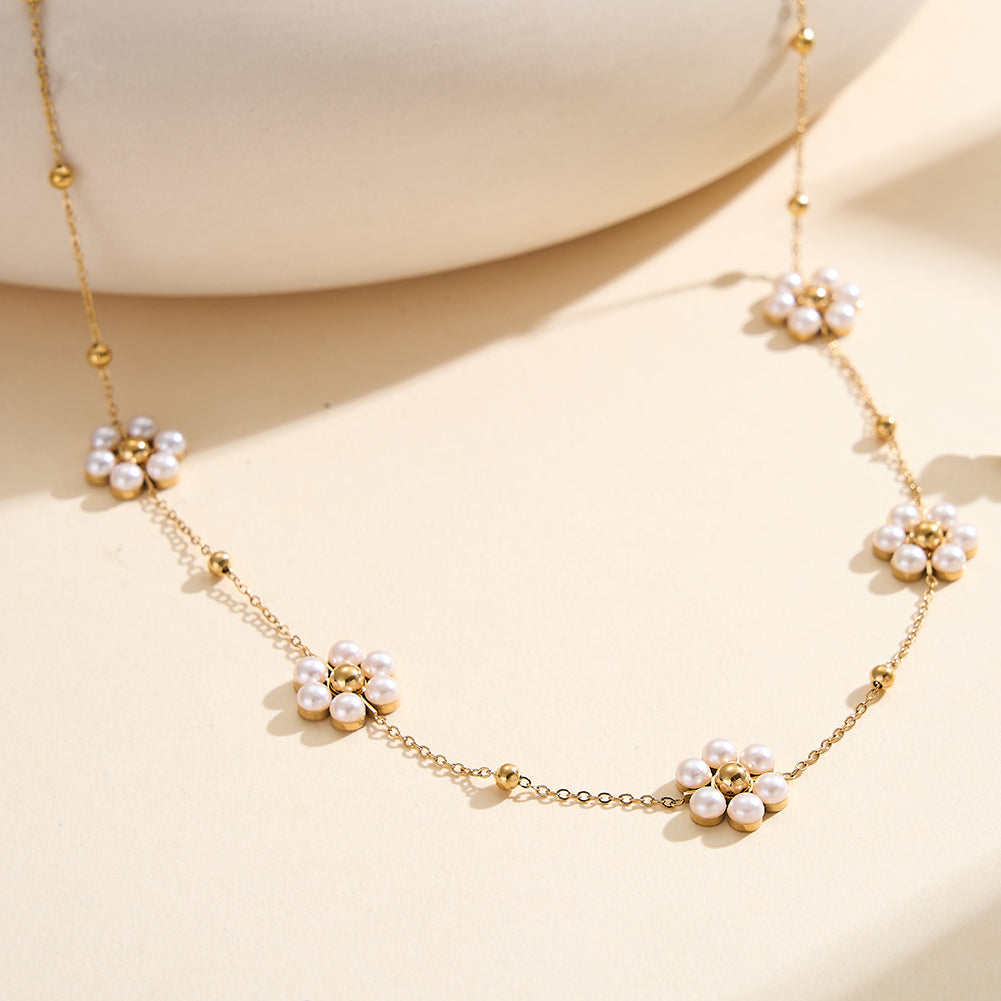 Aura Blossom gold mini shell pearl daisy flower blossom multi charm necklace with polished metallic bead accent chain in waterproof 304 stainless steel by LeeWey Luxury